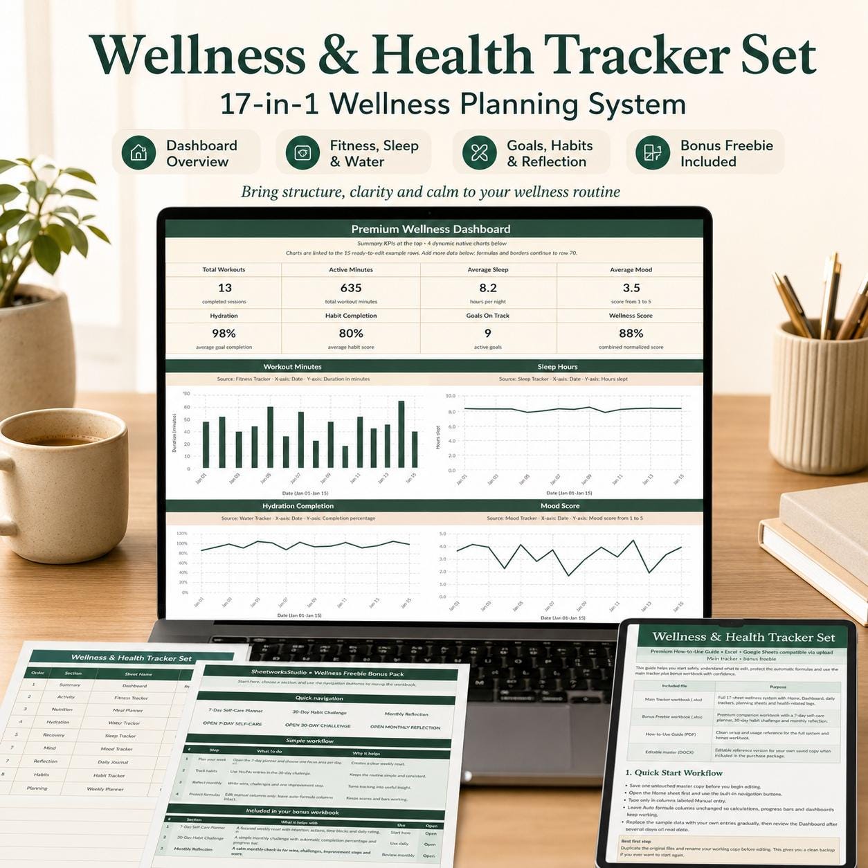 Wellness & Health Tracker Excel Template, Google Sheets Compatible 17-in-1 Health Planner, Fitness, Sleep, Water, Mood, Nutrition