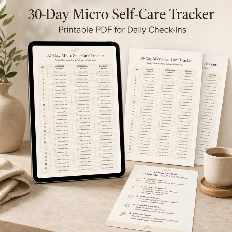 Puede incluir: Una tableta digital y hojas impresas que muestran un rastreador de autocuidado de 30 d&iacute;as con columnas para registros de ma&ntilde;ana, tarde y noche. El texto dice 30-Day Micro Self-Care Tracker, Daily Check-Ins for a Calmer, Kinder You.