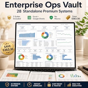 May include: A laptop screen displaying the Enterprise Ops Vault dashboard with People Ops KPI, AI Governance, and Risk metrics. Below the screen are three printed documents: Risk Register, Control Testing Log, and ESG KPI Tracker.