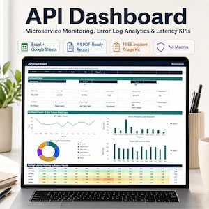 May include: A laptop displays an API Dashboard interface, showcasing microservice monitoring, error log analytics, and latency KPIs. The screen features charts, graphs, and data visualizations, with the title "API Dashboard" at the top. The interface includes options for Excel and Google Sheets, PDF reports, and a free incident triage kit.