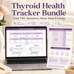 Puede incluir: Un portátil muestra un panel de control de salud tiroidea con gráficos y datos, junto con rastreadores y guías impresas. El texto dice "Thyroid Health Tracker Bundle" e incluye funciones como la integración de Excel.