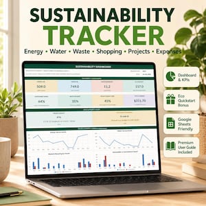 Könnte beinhalten: Ein Laptop zeigt ein Nachhaltigkeits-Dashboard mit Datenmetriken, Diagrammen und Grafiken für Energie, Wasser, Abfall und Ausgaben. Der Bildschirm enthält Abschnitte für wichtige Kennzahlen, Projektstatus und monatliche Trends mit verschiedenen Werten.