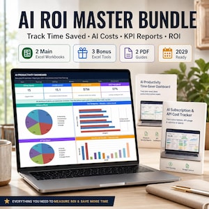 AI ROI Dashboard Bundle Excel Google Sheets | Productivity & Cost Tracker | KPI Reports, Roi Calculator, Business Templates