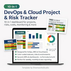 May include: A laptop screen shows a 10-in-1 DevOps & Cloud Project & Risk Tracker dashboard. The screen displays charts, graphs, and data tables with colour-coded statuses. The image includes the text "FREE Incident Snapshot Included."