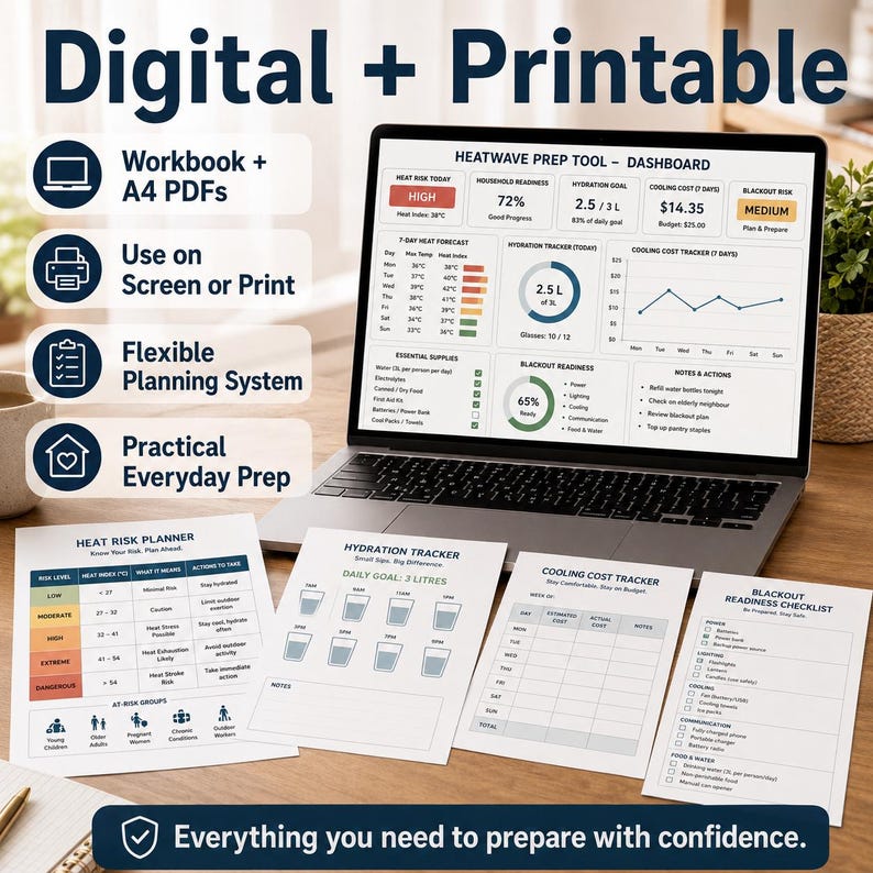 May include: A laptop displays a heatwave prep dashboard with charts and data. Accompanying printouts include a heat risk planner, hydration tracker, and blackout readiness checklist. The image also shows the text "Digital + Printable".