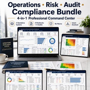 May include: A professional bundle for operations, risk, audit, and compliance. The image shows a laptop, tablet, and printed materials displaying dashboards and data. The bundle includes 4 standalone systems, 8 workbooks, and 6 guides. The text reads "Operations, Risk, Audit, Compliance Bundle."