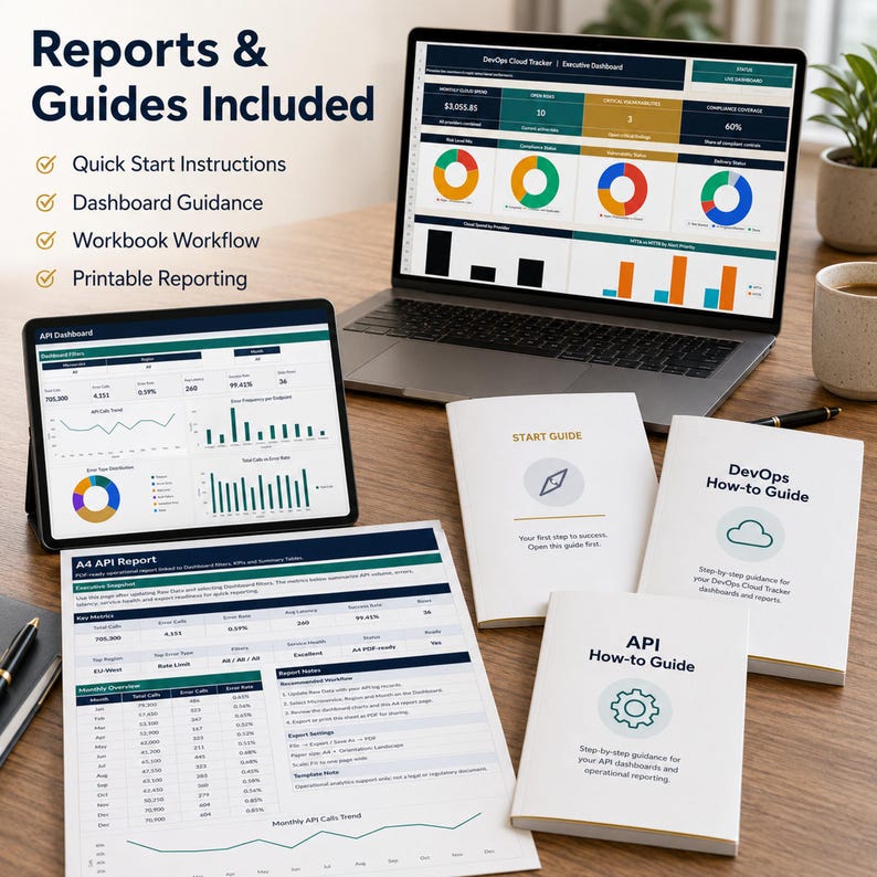 Pode incluir: Um port&aacute;til e um tablet exibindo pain&eacute;is de controlo DevOps cloud e API, acompanhados por relat&oacute;rios A4 impressos e tr&ecirc;s folhetos intitulados Start Guide, DevOps How-to Guide e API How-to Guide, com gr&aacute;ficos e tabelas de dados.