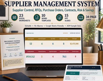 Excel Procurement and Supplier Management System | Supplier Management, RFQs, Purchase Orders, Contracts, Risk, Word, PPT, PDF