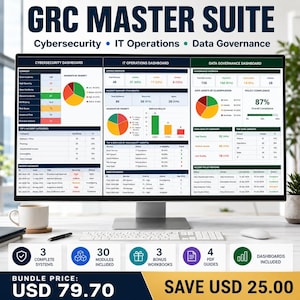 May include: A computer monitor displays data dashboards for cybersecurity, IT operations, and data governance. The screen shows charts, graphs, and data summaries. The image includes the text "GRC MASTER SUITE".