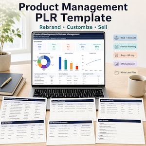 以下が含まれることがあります： グラフとデータ視覚化を備えた「Product Management PLR Template」を表示するラップトップ。付属のドキュメントには、「Feature Priorization Framework」、「Release Planning」、および「Bug Tracking Log」が含まれています。「Rebrand、Customize、Sell」というテキストも表示されます。