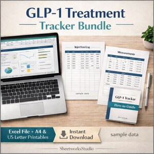 GLP-1 / Ozempic Tracker – Protocolo de inyección, efectos secundarios y peso – Plantilla de Excel + PDF imprimible (A4 + Carta estadounidense) – Plan de tratamiento