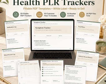 Health & Lifestyle PLR Bundle | 10 Fillable PDF Health Trackers, Symptom Log, Medication Log, Food Diary, Blood Pressure and Pain Planner
