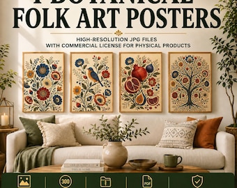 4 Folk Art Poster Bundle JPG | Botanical Wall Art 7200px x 9000px | Commercial Use License for Physical Products