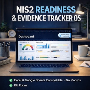 May include: A laptop screen showing a dashboard with data visualizations and the text "NIS2 READINESS & EVIDENCE TRACKER OS." The screen displays a pie chart showing 62% readiness. The text "Excel & Google Sheets Compatible • No Macros" and "EU Focus" are also visible.