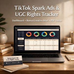 Könnte beinhalten: Ein Laptop-Bildschirm zeigt ein Dashboard mit farbenfrohen Kreisdiagrammen und Datentabellen. Der Text "TikTok Spark Ads & UGC Rights Tracker" ist sichtbar. Eine Visitenkarte mit demselben Text liegt vor dem Laptop.