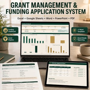 May include: A digital grant management and funding application system displayed on a laptop and tablet screen, featuring Excel, Google Sheets, Word, PowerPoint, and PDF files. The interface shows a funding dashboard, charts, and proposal templates.