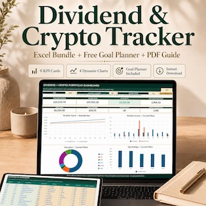 May include: A digital dividend and crypto tracker Excel bundle displayed on a laptop screen, featuring a portfolio dashboard with dynamic charts, KPI cards, and a goal planner. The interface shows financial data, including portfolio value and income.