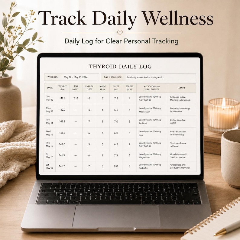 Puede incluir: Una pantalla de ordenador port&aacute;til que muestra una plantilla de registro diario de tiroides con columnas para fecha, peso en lbs, TSH, energ&iacute;a, estado de &aacute;nimo, sue&ntilde;o en horas, estr&eacute;s, medicamentos y notas. El texto dice Track Daily Wellness.
