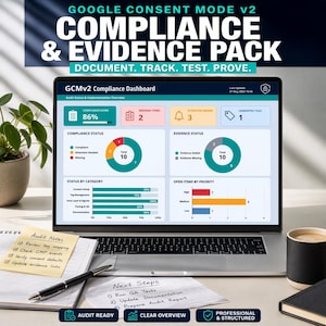 Puede incluir: Una computadora portátil muestra un panel de cumplimiento con visualizaciones de datos, incluidos gráficos. La pantalla muestra una puntuación de cumplimiento del 86%, elementos faltantes y atención necesaria. Notas manuscritas y un bolígrafo están sobre el escritorio.