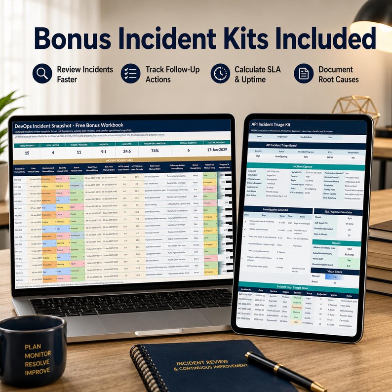 Pode incluir: Um computador port&aacute;til e um tablet exibindo pain&eacute;is de gest&atilde;o de incidentes DevOps com o texto Bonus Incident Kits Included, Review Incidents Faster, Track Follow-Up Actions, Calculate SLA & Uptime e Document Root Causes.