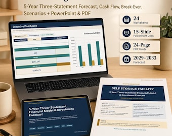 Self Storage Financial Model Excel | 5-Year Three-Statement Forecast, Cash Flow, Break-Even, Scenarios + PowerPoint & PDF
