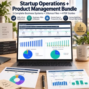 Op de afbeelding: Een startup operations en product management bundel met een laptop die een KPI-dashboard toont, naast geprinte productontwikkeling- en teamdashboards, met tekstoverlays die de zakelijke systemen en extra bestanden beschrijven.
