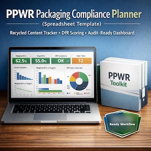 PPWR Packaging Compliance Planner Excel | Recycled Content Tracker & Sustainability Dashboard | EU Packaging Regulation Template