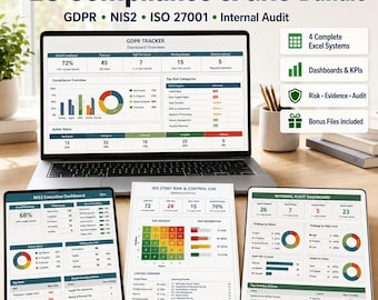 May include: A digital bundle featuring a laptop displaying a GDPR Tracker dashboard, alongside tablets showing NIS2, ISO 27001, and Internal Audit dashboards. Text includes EU Compliance & GRC Bundle, GDPR, NIS2, ISO 27001, and Internal Audit.