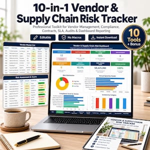 Vendor Risk Tracker Excel Template | 10-in-1 Supplier Management Dashboard for Compliance, Contracts, SLA & Audits