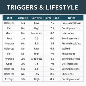 May include: A teal and white chart titled "TRIGGERS & LIFESTYLE" with columns for Diet, Exercise, Caffeine, Scree Time, and Notes. The chart contains rows of data, including "Balanced," "Yes," "Low," and "Protein breakfast."