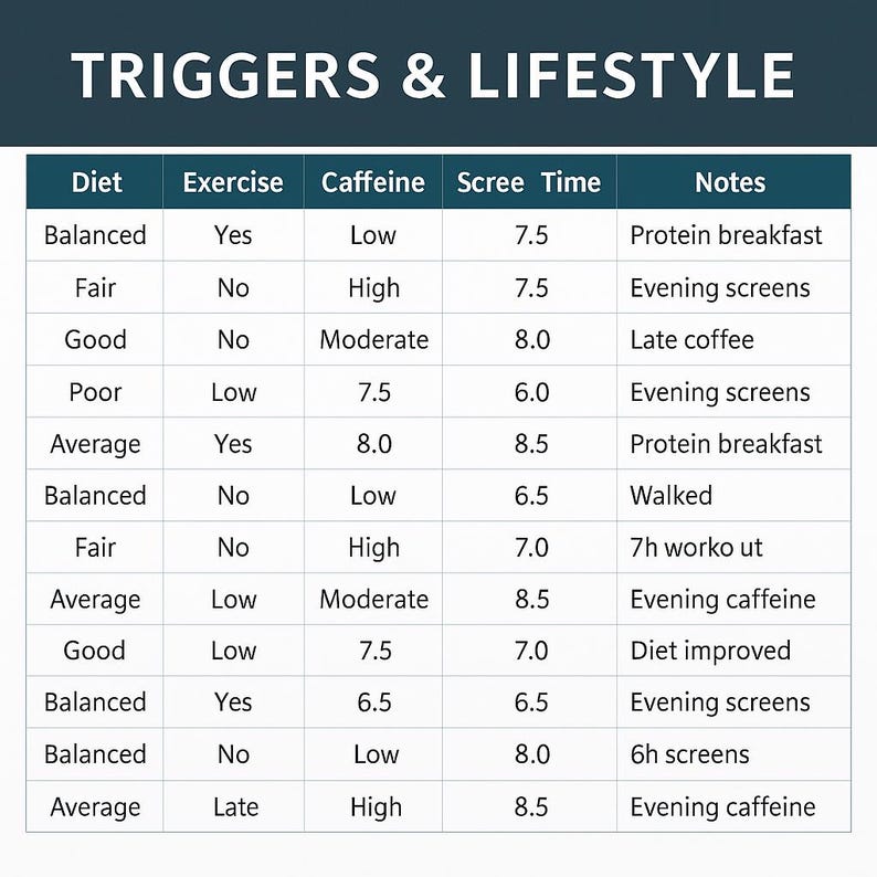 May include: A teal and white chart titled "TRIGGERS & LIFESTYLE" with columns for Diet, Exercise, Caffeine, Scree Time, and Notes. The chart contains rows of data, including "Balanced," "Yes," "Low," and "Protein breakfast."