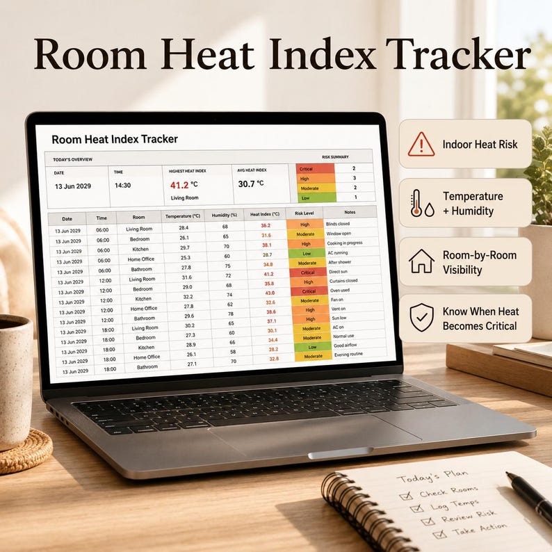 May include: A laptop displays a "Room Heat Index Tracker" with data on temperature, humidity, and heat index for different rooms. The screen shows a table with readings in Celsius. Icons indicate indoor heat risk, temperature, humidity, and room-by-room visibility.