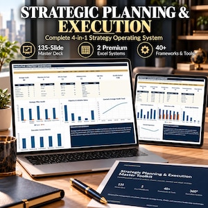 Könnte beinhalten: Ein digitales System zur strategischen Planung und Ausführung auf einem Laptop- und Tablet-Bildschirm, mit einem Executive-Strategie-Dashboard inklusive Diagrammen, Metriken und einem Master-Toolkit-Dokument mit 135 Folien und 40 Frameworks.