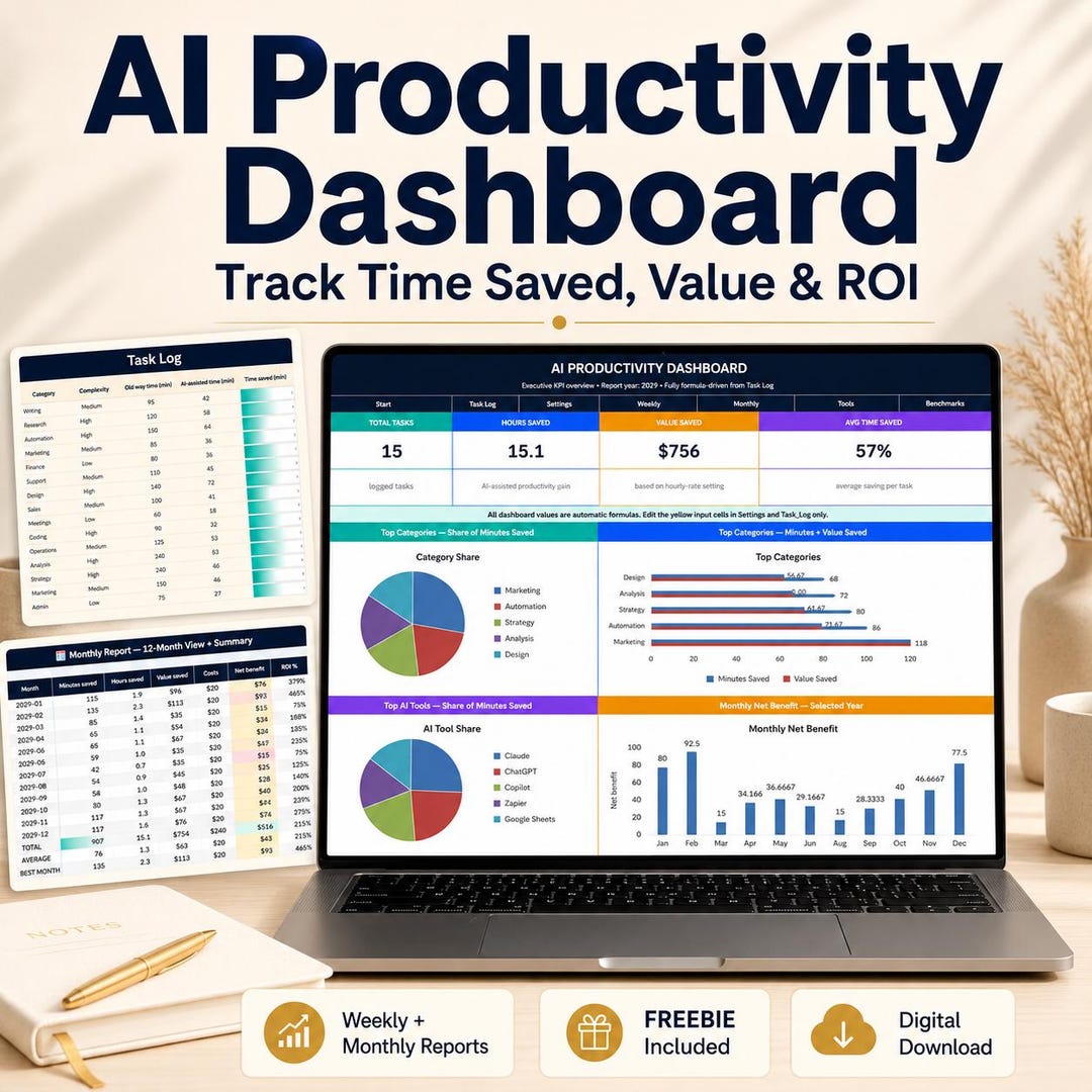 Excel AI Productivity Dashboard | Time Saved & ROI Tracker | KPI ...