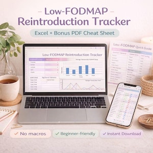 Low FODMAP Reintroduction Tracker for Excel | IBS Symptom & Food Log | Food Sensitivity and Digestive Health Journal + Bonus PDF Guide