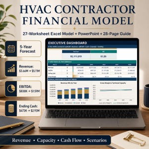May include: An HVAC contractor financial model displayed on a laptop screen, featuring a 27-worksheet Excel model, PowerPoint, and 28-page guide. The screen shows an executive dashboard with a 5-year forecast, revenue, EBITDA, and cash trends.