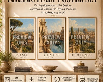 Italy Poster Set with Commercial License | 10 High-Resolution JPGs up to A3 | Rome, Venice, Florence, Lake Como & Sicily
