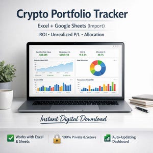Puede incluir: Un portátil que muestra un panel de control "Crypto Portfolio Tracker" con datos financieros, incluyendo el ROI y los porcentajes de asignación. La pantalla muestra gráficos, con el texto "Instant Digital Download" debajo. También se ve el texto "Works with Excel & Sheets".