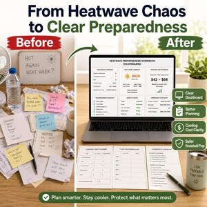 May include: A before-and-after image shows a desk with notes and a laptop. The "Before" side has notes about heatwave preparation. The "After" side shows a laptop with a heatwave preparedness dashboard. The text reads "From Heatwave Chaos to Clear Preparedness."