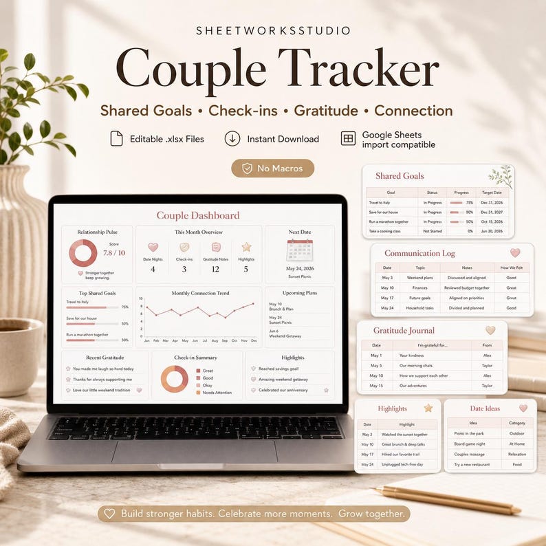 May include: A laptop displaying a digital couple tracker with the text "Couple Tracker". The screen shows shared goals, check-ins, gratitude, and connection logs. The design is in shades of white and pink, with a pencil and a vase in the background.