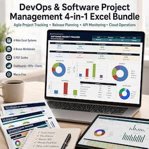 Könnte beinhalten: Ein 4-in-1 Excel-Paket für DevOps und Software-Projektmanagement, dargestellt auf einem Laptop-Bildschirm und gedruckten Dokumenten. Das Dashboard enthält verschiedene Diagramme, darunter Kreis- und Balkendiagramme.