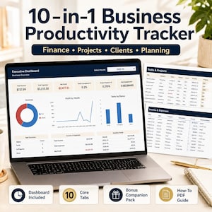 May include: A 10-in-1 business productivity tracker displayed on a laptop screen and printed pages. The dashboard features an executive overview, income and expense tables, project status charts, and task summaries with data visualizations.