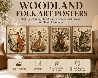 4 Woodland Folk Art Poster Bundle JPG | Fox Hare Stag Owl Wall Art | 7200x9000 | Commercial Use License for Physical Products