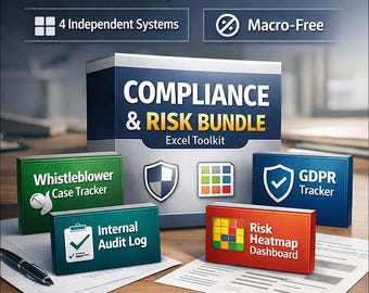 Compliance & Risk Bundle Excel | GDPR Tracker + Internal Audit Log + Whistleblower Case Tracker + Risk Heatmap Dashboard | GRC Toolkit
