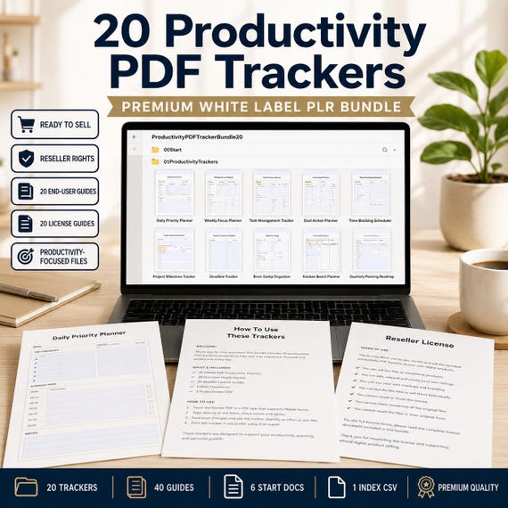 Produktivitäts-PDF-Tracker-Paket: 20 ausfüllbare Vorlagen, White-Label-PLR, Wiederverkäuferlizenz, digitale Produkte