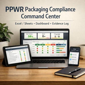Packaging Compliance Command Center (PPWR, Excel/Sheets) | EU Packaging: RC%, Recyclability, Dfr, Kpi Dashboard, Evidence Log