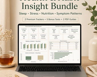 May include: A digital health and habit insight bundle displayed on a laptop screen, featuring dashboards for sleep, stress, nutrition, and symptom patterns. The screen shows data visualizations, charts, and metrics, with the text Health & Habit Insight Bundle.