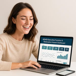 May include: A woman smiles while using a laptop displaying an ADHD Executive Function & Medication Impact Dashboard. The screen shows data visualizations with numerical values and graphs. A smartphone rests beside the laptop.