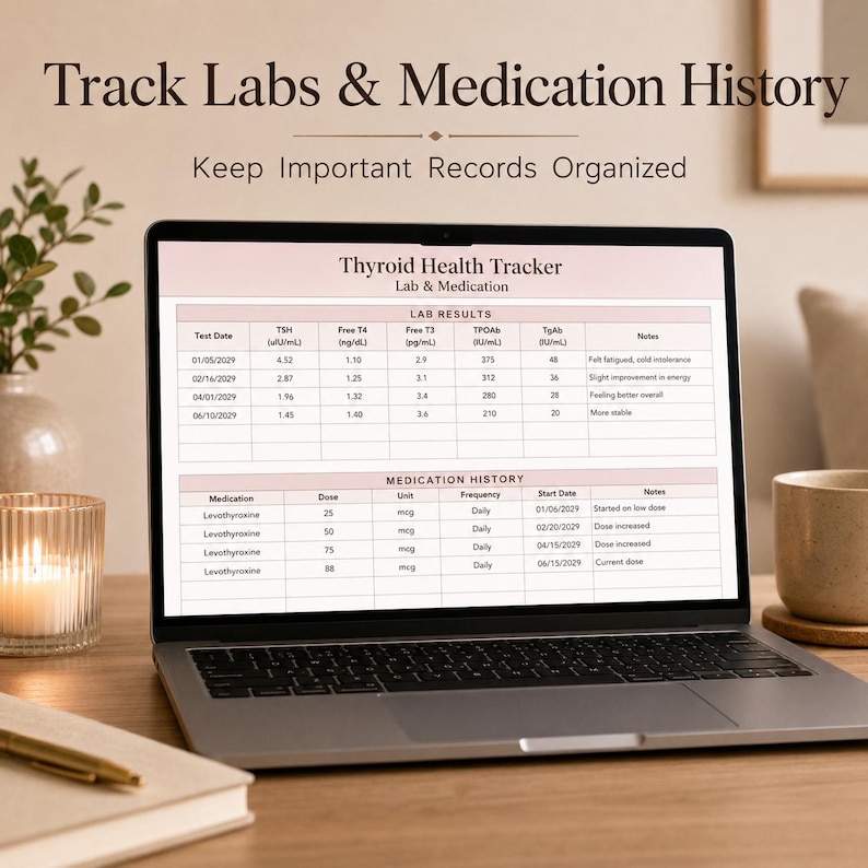 Puede incluir: Una pantalla de ordenador port&aacute;til que muestra una hoja de c&aacute;lculo de seguimiento de la salud tiroidea con columnas para resultados de laboratorio como TSH, T4 libre, T3 libre, TPOAb y TgAb, y un historial de medicaci&oacute;n con dosis.