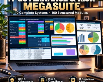 Puede incluir: Una pantalla de portátil que muestra un panel de control de IT Governance & Risk Megasuite con gráficos, tablas y métricas de datos. La pantalla muestra riesgos de ciberseguridad, tendencias de incidentes y paneles de proyectos.